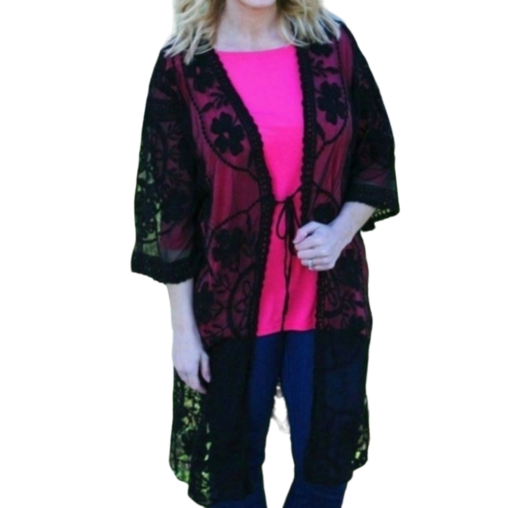 Black Floral Lace Kimono Cover Up